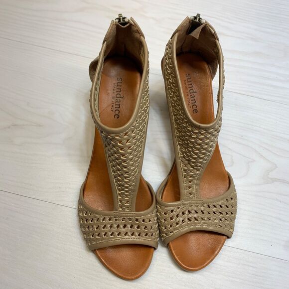 Sundance Demeter Hillside Woven Leather Heeled Sandals Taupe Women's 12/42 - Picture 6 of 9